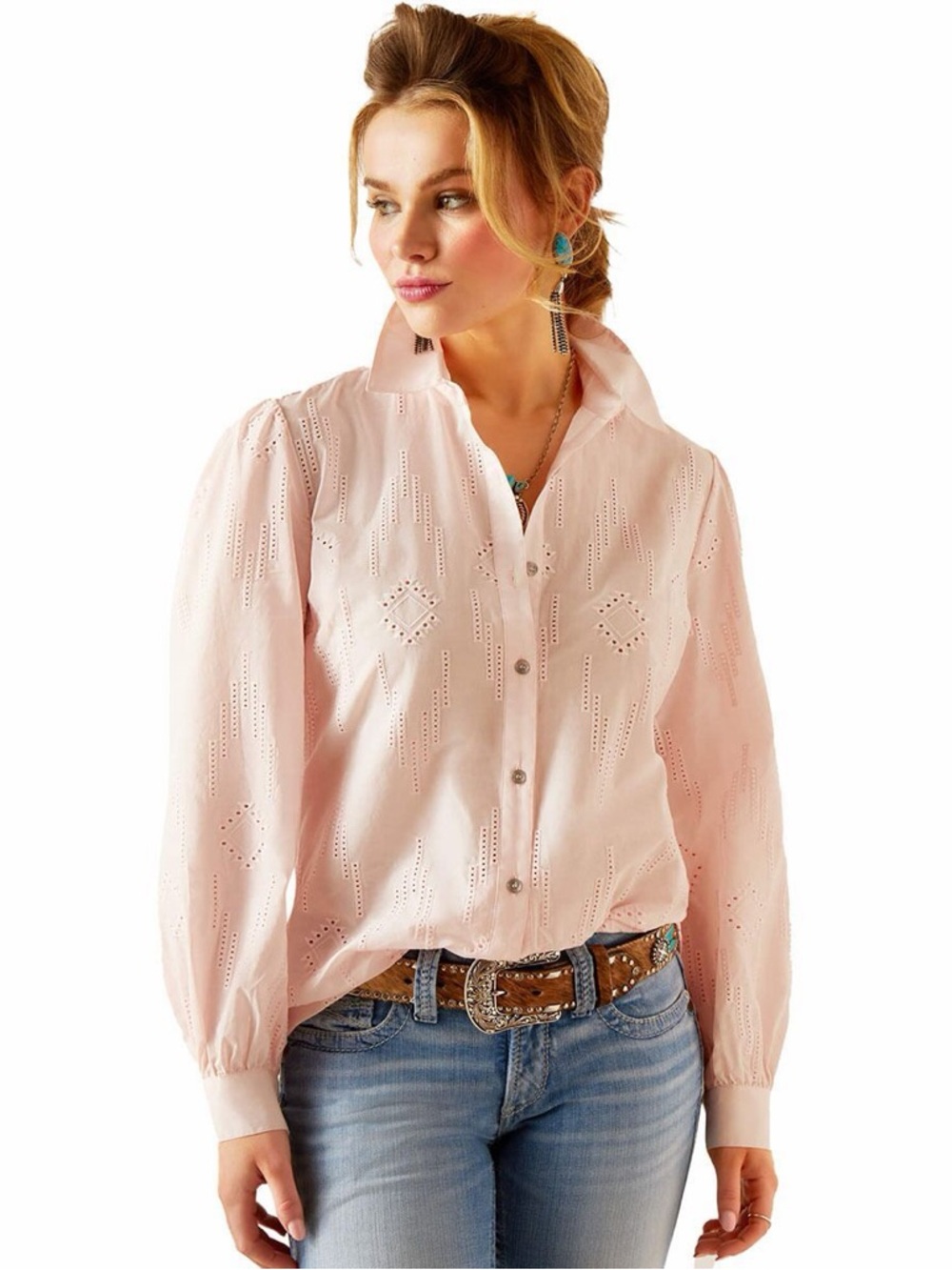NWT Ariat 100 cotton Pale Pink Eyelet Button-Down Shirt